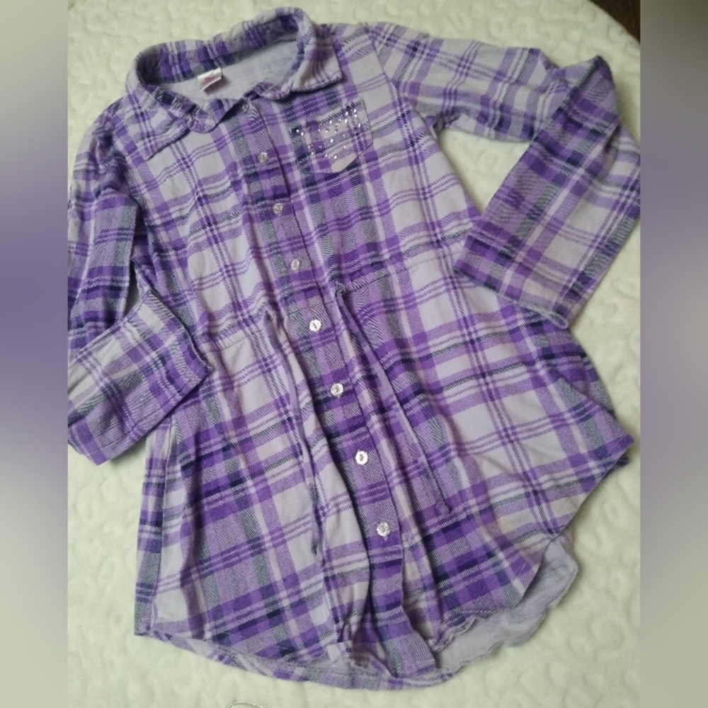 💜 Girls Purple Plaid Tie Front Tunic Lightweight Top Size Medium (10/12)
